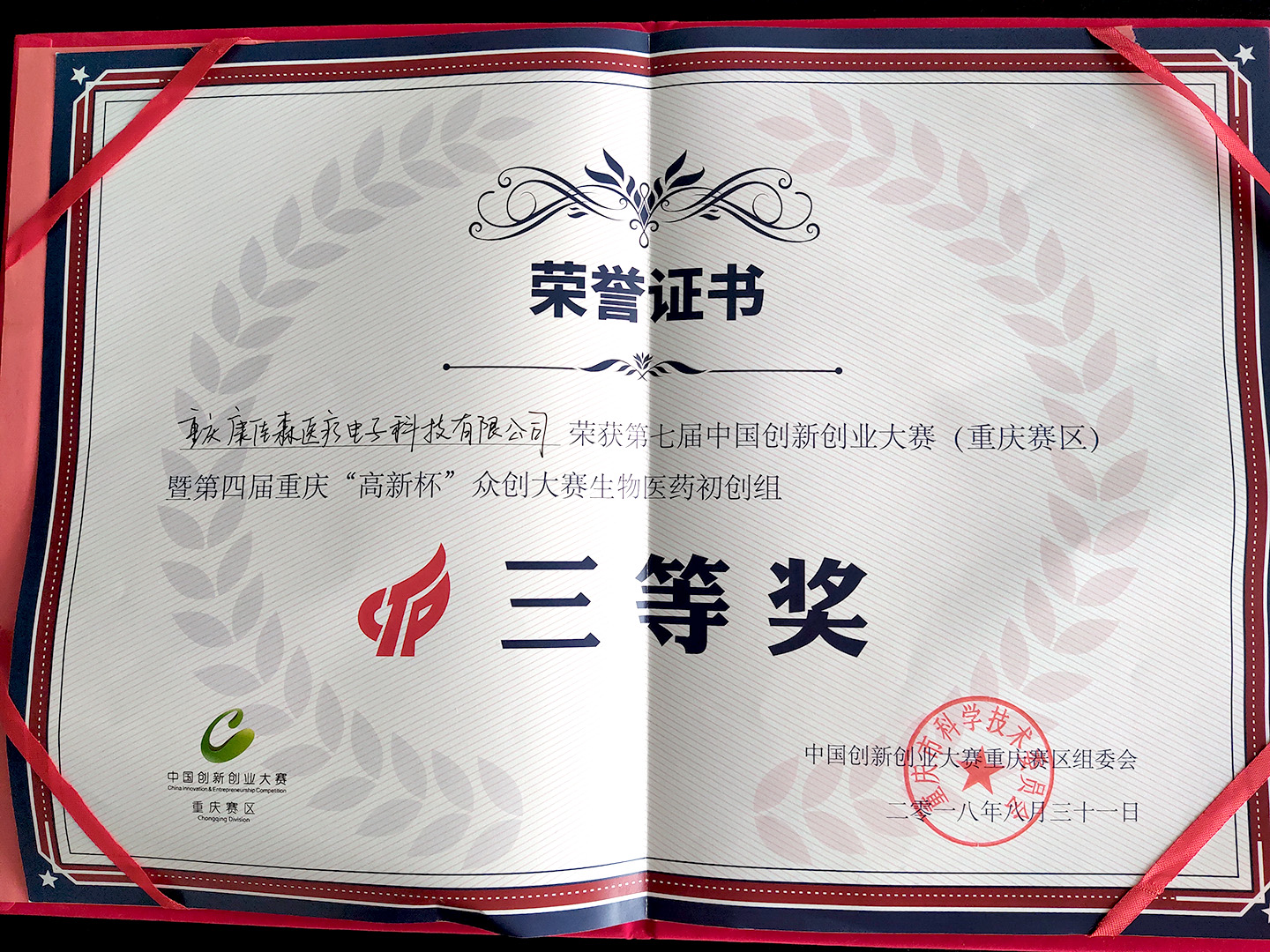 第七屆中國雙創大賽（重慶賽區）暨第四屆重慶“高新杯”眾創大賽生物醫藥初創組三等獎1 